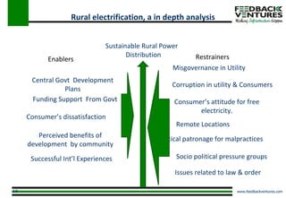 Rural electrification, a in depth analysis Sustainable Rural Power  Distribution  Corruption in utility & Consumers Consumer’s dissatisfaction Utility Staff Connivance Remote Locations Political patronage for malpractices Socio political pressure groups Issues related to law & order Misgovernance in Utility Central Govt  Development Plans Funding Support  From Govt Consumer’s attitude for free electricity. Perceived benefits of development  by community Successful Int’l Experiences Enablers Restrainers 
