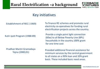 Rural Electrification –a background To finance RE schemes and promote rural electricity co-operatives for funding rural electrification projects across the country. Provide a single point light connection (60w) to all Below Poverty Line (BPL) households in the country.100% grant for one time cost Provided additional financial assistance for minimum services by the central government to all states on a 90% loan and 10% grant basis. These included basic need areas. Establishment of REC ( 1969) Kutir Jyoti Program (1988-89) ) Pradhan Mantri Gramodaya Yojna (2000,01) Key initiatives 