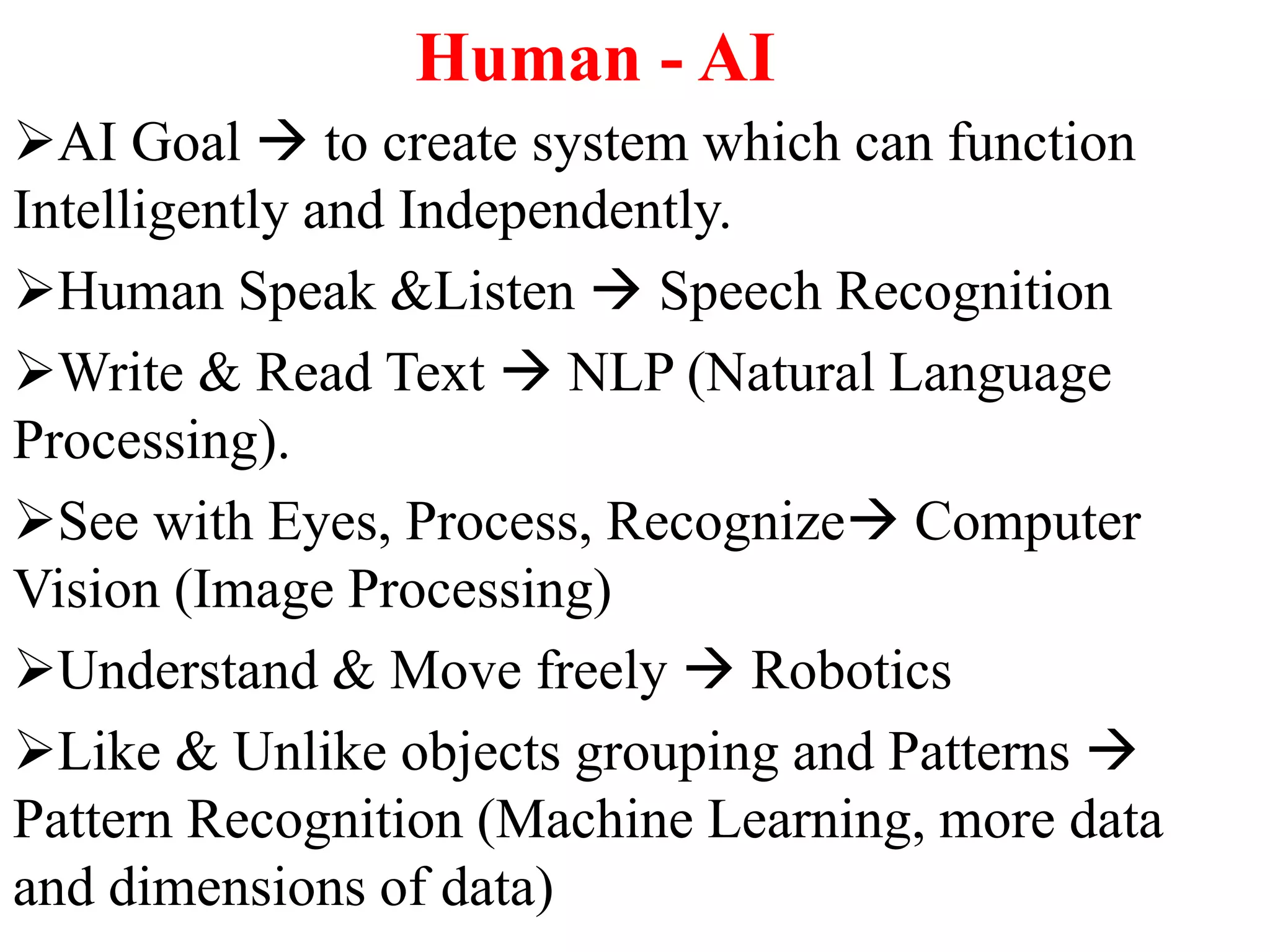 Human - AI
AI Goal  to create system which can function
Intelligently and Independently.
Human Speak &Listen  Speech Recognition
Write & Read Text  NLP (Natural Language
Processing).
See with Eyes, Process, Recognize Computer
Vision (Image Processing)
Understand & Move freely  Robotics
Like & Unlike objects grouping and Patterns 
Pattern Recognition (Machine Learning, more data
and dimensions of data)
 