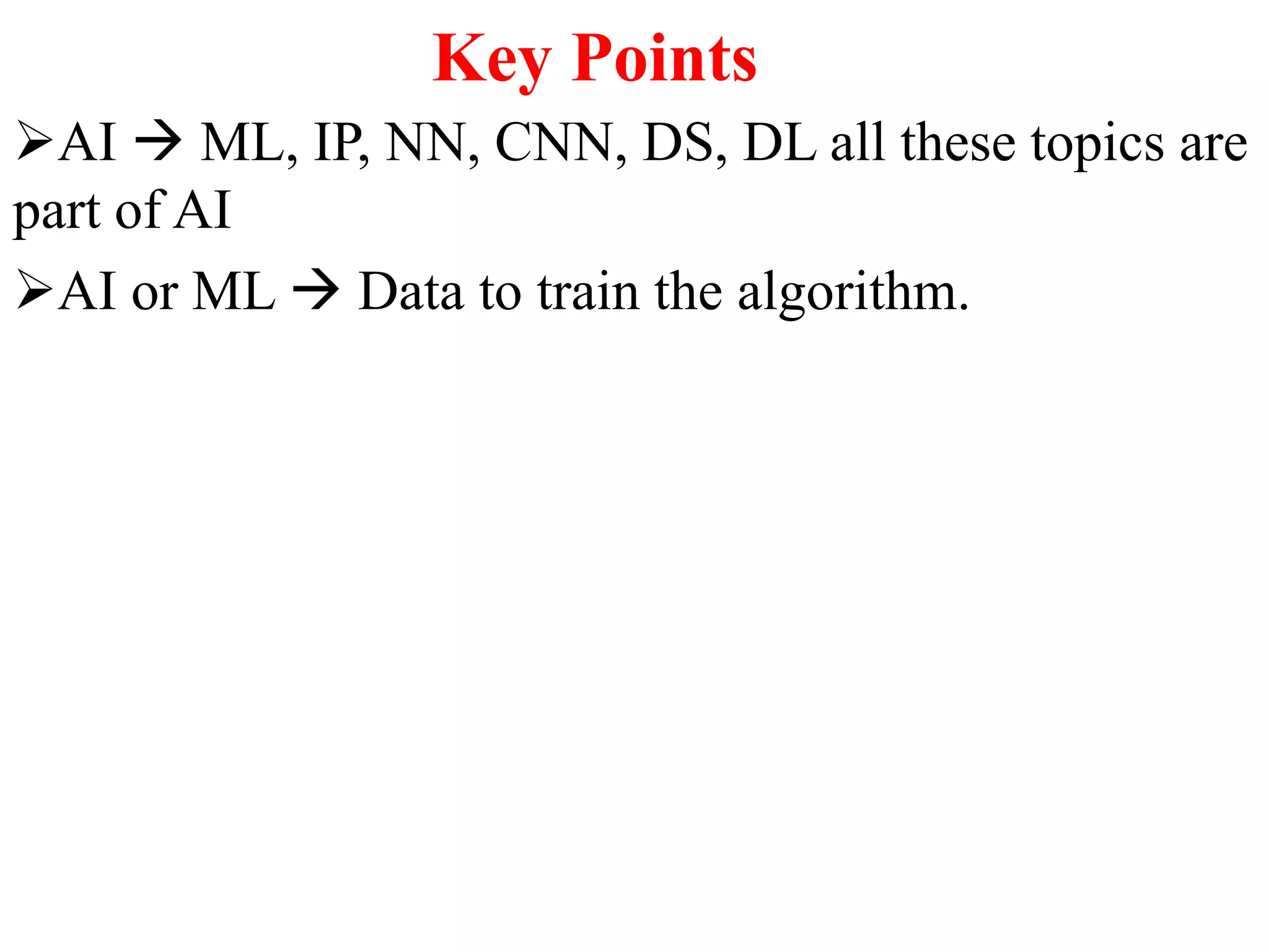 Key Points
AI  ML, IP, NN, CNN, DS, DL all these topics are
part of AI
AI or ML  Data to train the algorithm.
 
