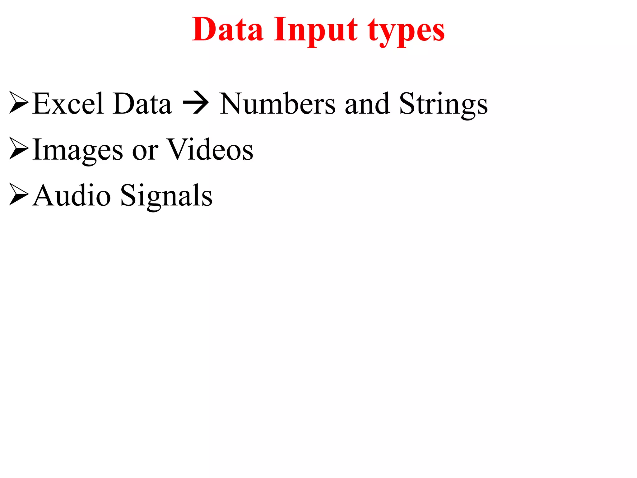 Data Input types
Excel Data  Numbers and Strings
Images or Videos
Audio Signals
 