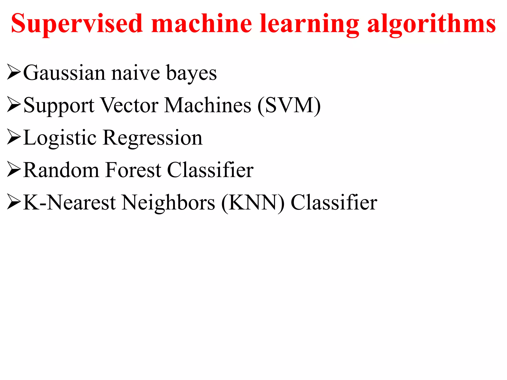 Supervised machine learning algorithms
Gaussian naive bayes
Support Vector Machines (SVM)
Logistic Regression
Random Forest Classifier
K-Nearest Neighbors (KNN) Classifier
 