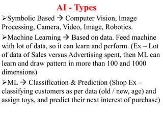 AI - Types
Symbolic Based  Computer Vision, Image
Processing, Camera, Video, Image, Robotics.
Machine Learning  Based on data. Feed machine
with lot of data, so it can learn and perform. (Ex – Lot
of data of Sales versus Advertising spent, then ML can
learn and draw pattern in more than 100 and 1000
dimensions)
ML  Classification & Prediction (Shop Ex –
classifying customers as per data (old / new, age) and
assign toys, and predict their next interest of purchase)
 