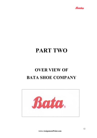PART TWO
OVER VIEW OF
BATA SHOE COMPANY
www.AssignmentPoint.com
12
 