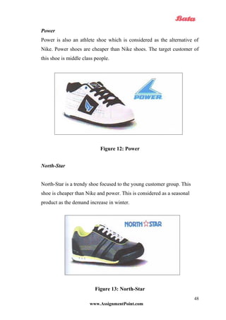 Power
Power is also an athlete shoe which is considered as the alternative of
Nike. Power shoes are cheaper than Nike shoes. The target customer of
this shoe is middle class people.
Figure 12: Power
North-Star
North-Star is a trendy shoe focused to the young customer group. This
shoe is cheaper than Nike and power. This is considered as a seasonal
product as the demand increase in winter.
Figure 13: North-Star
www.AssignmentPoint.com
48
 