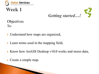 Objectives
To:
 Understand how maps are organized,
 Learn terms used in the mapping field,
 Know how ArcGIS Desktop v10.0 works and stores data,
 Create a simple map.
 