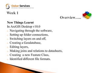 New Things Learnt
In ArcGIS Desktop v10.0
o Navigating through the software,
o Setting up folder connections,
o Switching layers on and off,
o Creating a Geodatabase,
o Editing layers,
o Making joins and relations to datasheets,
o Creating a new Feature Class,
o Identified different file formats.
 