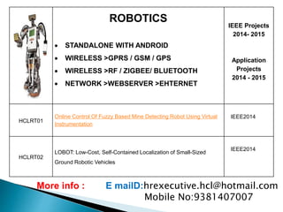ROBOTICS
 STANDALONE WITH ANDROID
 WIRELESS >GPRS / GSM / GPS
 WIRELESS >RF / ZIGBEE/ BLUETOOTH
 NETWORK >WEBSERVER >EHTERNET
IEEE Projects
2014- 2015
Application
Projects
2014 - 2015
HCLRT01
Online Control Of Fuzzy Based Mine Detecting Robot Using Virtual
Instrumentation
IEEE2014
HCLRT02
LOBOT: Low-Cost, Self-Contained Localization of Small-Sized
Ground Robotic Vehicles
IEEE2014
More info : E maiID:hrexecutive.hcl@hotmail.com
Mobile No:9381407007
 