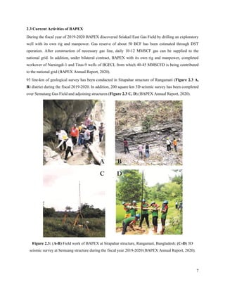 7
2.3 Current Activities of BAPEX
During the fiscal year of 2019-2020 BAPEX discovered Sriakail East Gas Field by drilling an exploratory
well with its own rig and manpower. Gas reserve of about 50 BCF has been estimated through DST
operation. After construction of necessary gas line, daily 10-12 MMSCF gas can be supplied to the
national grid. In addition, under bilateral contract, BAPEX with its own rig and manpower, completed
workover of Narsingdi-1 and Titas-9 wells of BGFCL from which 40-45 MMSCFD is being contributed
to the national grid (BAPEX Annual Report, 2020).
93 line-km of geological survey has been conducted in Sitapahar structure of Rangamati (Figure 2.3 A,
B) district during the fiscal 2019-2020. In addition, 200 square km 3D seismic survey has been completed
over Semutang Gas Field and adjoining structures (Figure 2.3 C, D) (BAPEX Annual Report, 2020).
Figure 2.3: (A-B) Field work of BAPEX at Sitapahar structure, Rangamati, Bangladesh; (C-D) 3D
seismic survey at Semuang structure during the fiscal year 2019-2020 (BAPEX Annual Report, 2020).
 