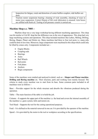 13
Inspection for fatigue, crack and distortion of center buffers couplers, side buffers are
done.
Traction motor suspension bearing- cleaning of wick assembly, checking of wear in
motor nose suspension. Correct fitment of felt wick lubricators is ensured. Axle boxes
are refilled with fresh oil. Testing of all pressure vessels is carried out.
Machine Shop c.c. 7005: -
Machine shop was a very large workshop having different machining apparatuses. This shop
was bit similar to E & DC shop but the difference was in the size of apparatuses. This shop had very
large machining systems and operations. This shop included machines like Lathes, Milling, Drilling,
Boring, Shaper, Planer and Slotter etc. Many machines had three to four tool posts i.e. many jobs
could be done in less time. Moreover, large components were machined in this shop which could only
be lifted by cranes only. Components included are: -
 Engine Blocks
 Coupling rods
 Bearings
 Axles
 Rail Wheels
 Rail joints
 Fish plates
 Anchors
 Bogie components
Some of the machines were studied and analysed in detail, such as: - Shaper and Planar machine,
Drilling and Boring machine etc. Their structure, parts and working were mainly focused. The
criteria to study every machine was to start from its base. Some common parts included in all
machines were as follows: -
Base: - Provides support for the whole structure and absorbs the vibrations produced during the
operation.
Table: - The main function of the table is to hold the job.
Column: - It supports the upper part of the machine i.e. the head and covers the internal assembly of
the machine i.e. gears system, belts and motors etc.
Tool Head: - Supports the tool for the cutting operational purposes.
Feed: - It is defined as the material removed in one cut. It is provided by the operator of the machine.
Speed: - It is provided by the motor to the tool or workpiece according to the specifications.
 
