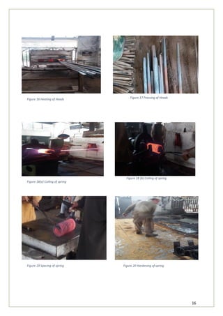 16
Figure 16 Heating of Heads
Figure 18(a) Coiling of spring
Figure 19 Spacing of spring
Figure 17 Pressing of Heads
Figure 18 (b) Coiling of spring
Figure 20 Hardening of spring
 