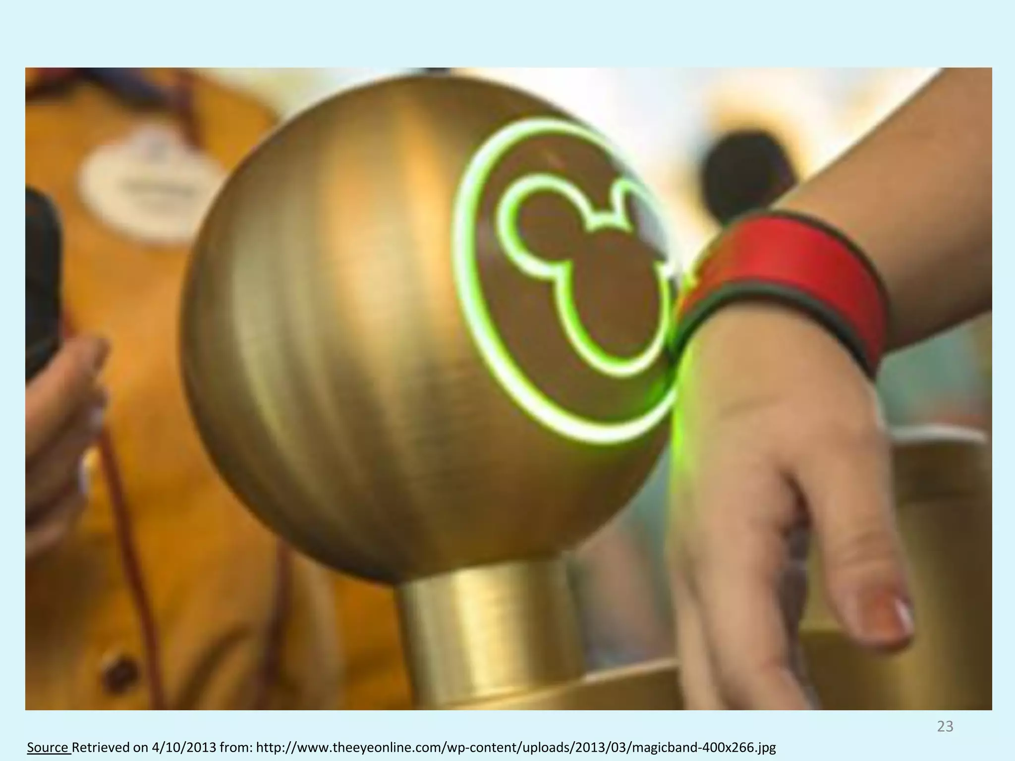 23
Source Retrieved on 4/10/2013 from: http://www.theeyeonline.com/wp-content/uploads/2013/03/magicband-400x266.jpg
 