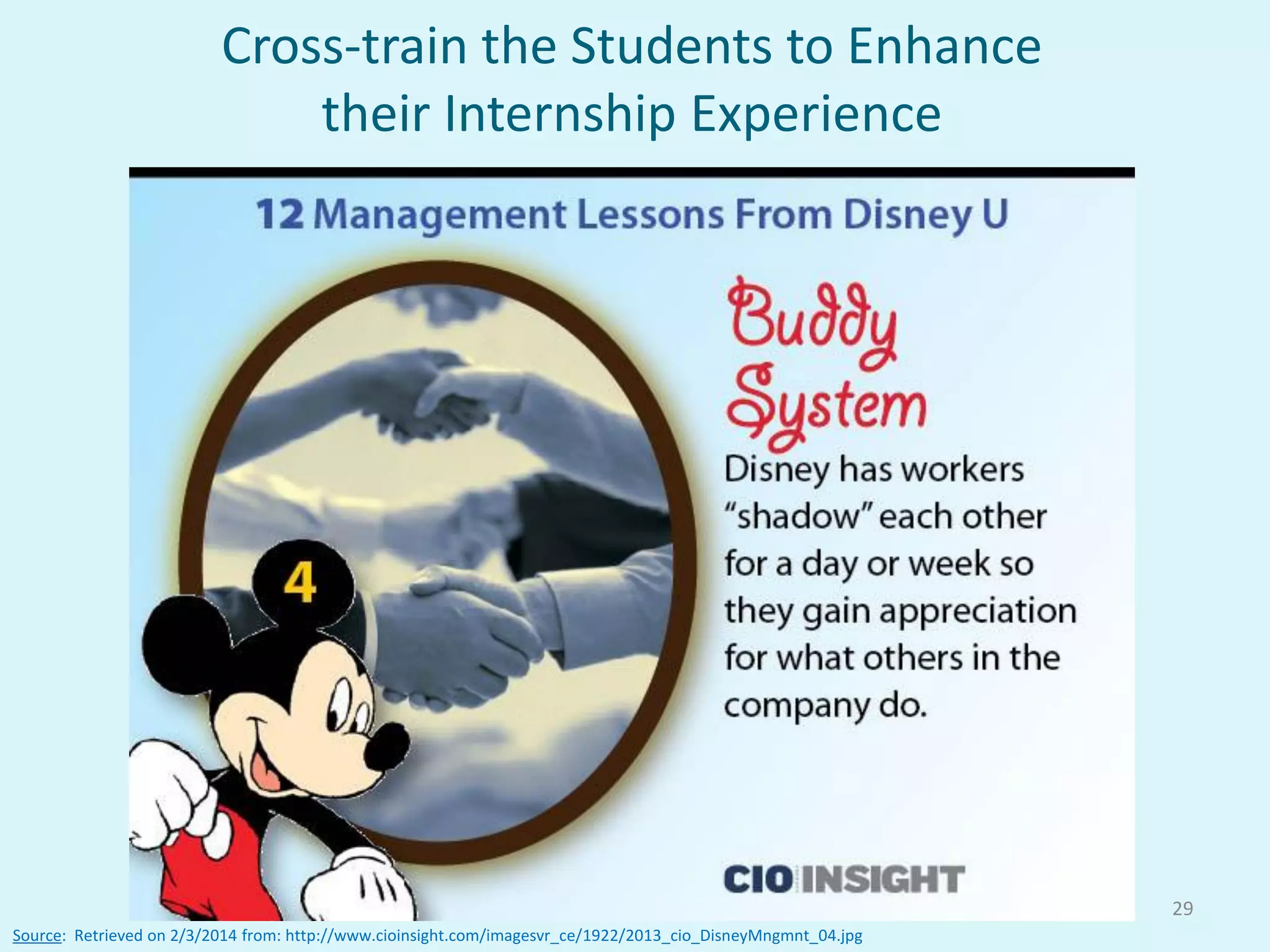 Source: Retrieved on 2/3/2014 from: http://www.cioinsight.com/imagesvr_ce/1922/2013_cio_DisneyMngmnt_04.jpg
29
Cross-train the Students to Enhance
their Internship Experience
 