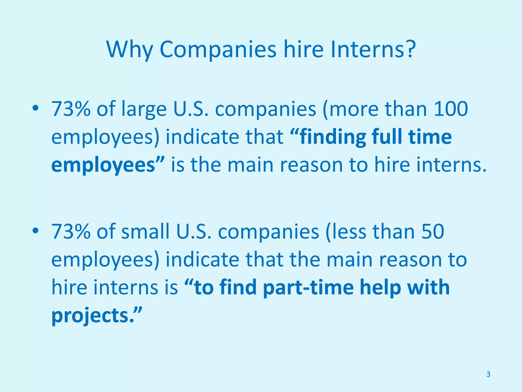 Why Companies hire Interns?
• 73% of large U.S. companies (more than 100
employees) indicate that “finding full time
employees” is the main reason to hire interns.
• 73% of small U.S. companies (less than 50
employees) indicate that the main reason to
hire interns is “to find part-time help with
projects.”
3
 