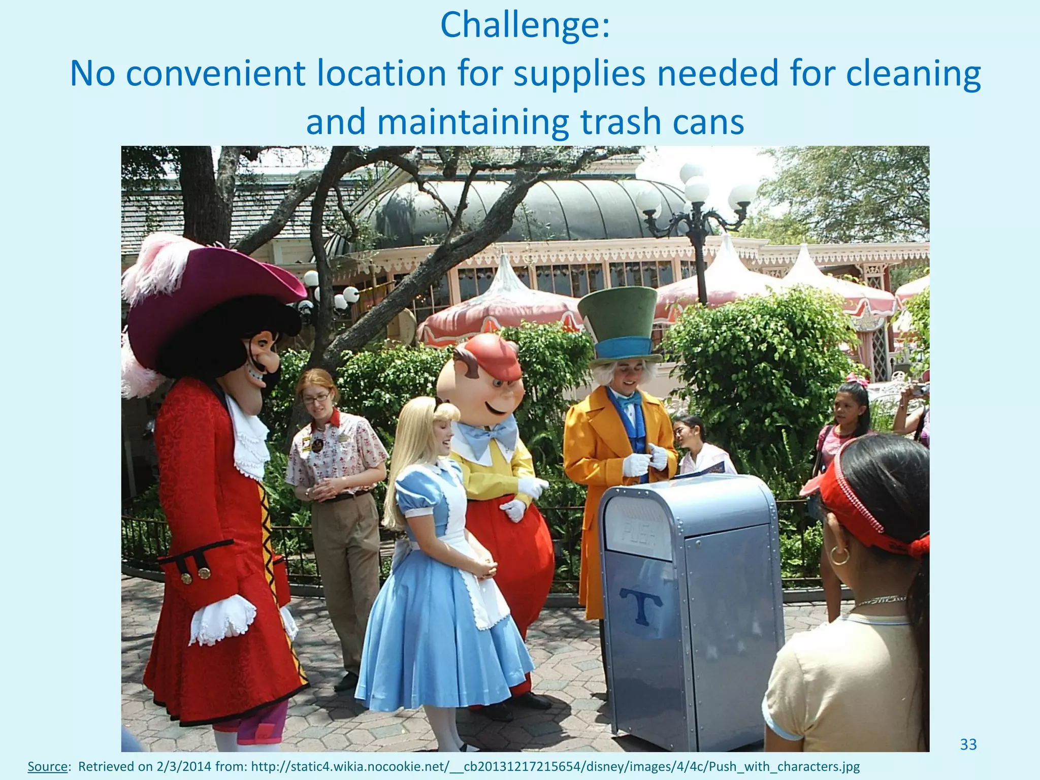 Challenge:
No convenient location for supplies needed for cleaning
and maintaining trash cans
33
Source: Retrieved on 2/3/2014 from: http://static4.wikia.nocookie.net/__cb20131217215654/disney/images/4/4c/Push_with_characters.jpg
 