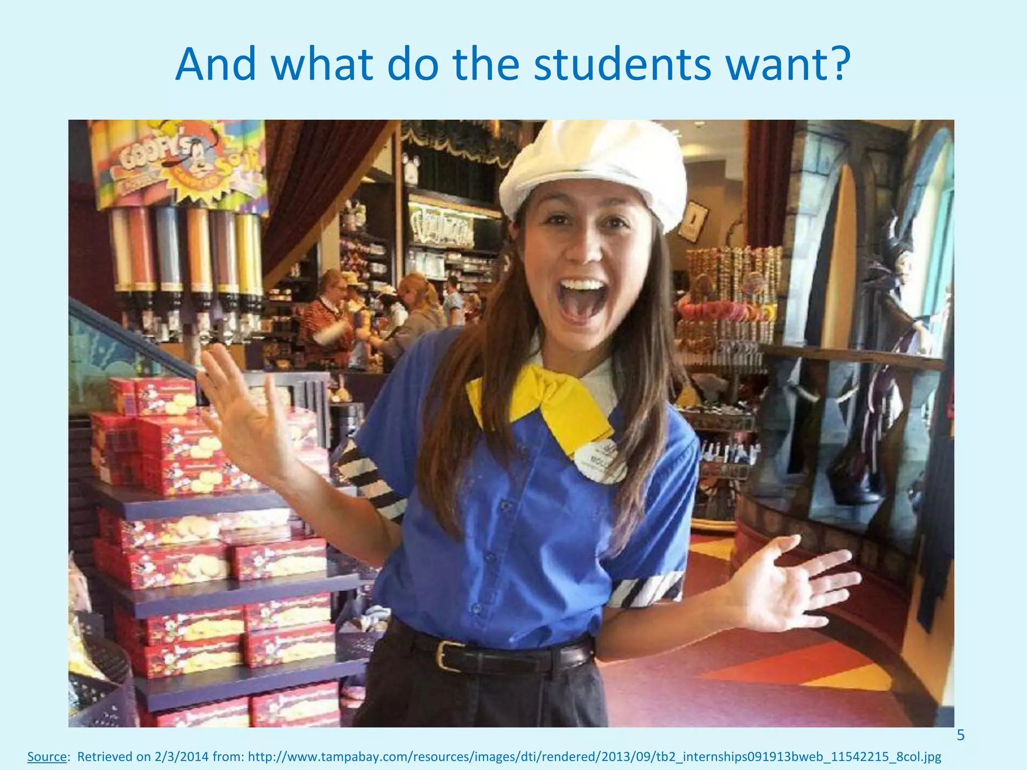 And what do the students want?
5
Source: Retrieved on 2/3/2014 from: http://www.tampabay.com/resources/images/dti/rendered/2013/09/tb2_internships091913bweb_11542215_8col.jpg
 