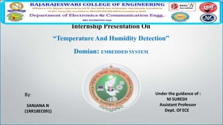 Internship Presentation On
“Temperature And Humidity Detection”
Domian: EMBEDDED SYSTEM
By:
SANJANA N
(1RR18EC091)
Under the guidance of :
M SURESH
Assistant Professor
Dept. Of ECE
 