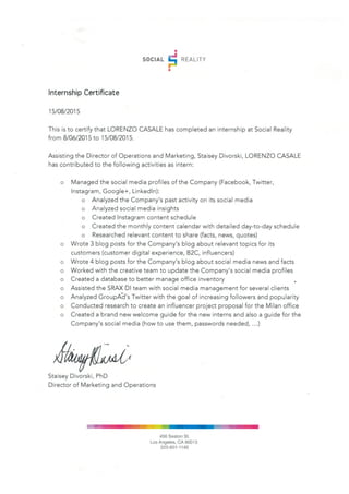 Internship certificate - Social Reality