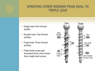    Single lead: One thread
    profile

   Double lead: Two thread
    profiles

   Triple lead: Three thread
    profiles

   Triple lead screws get
    threaded three times faster
    than single lead screws
 