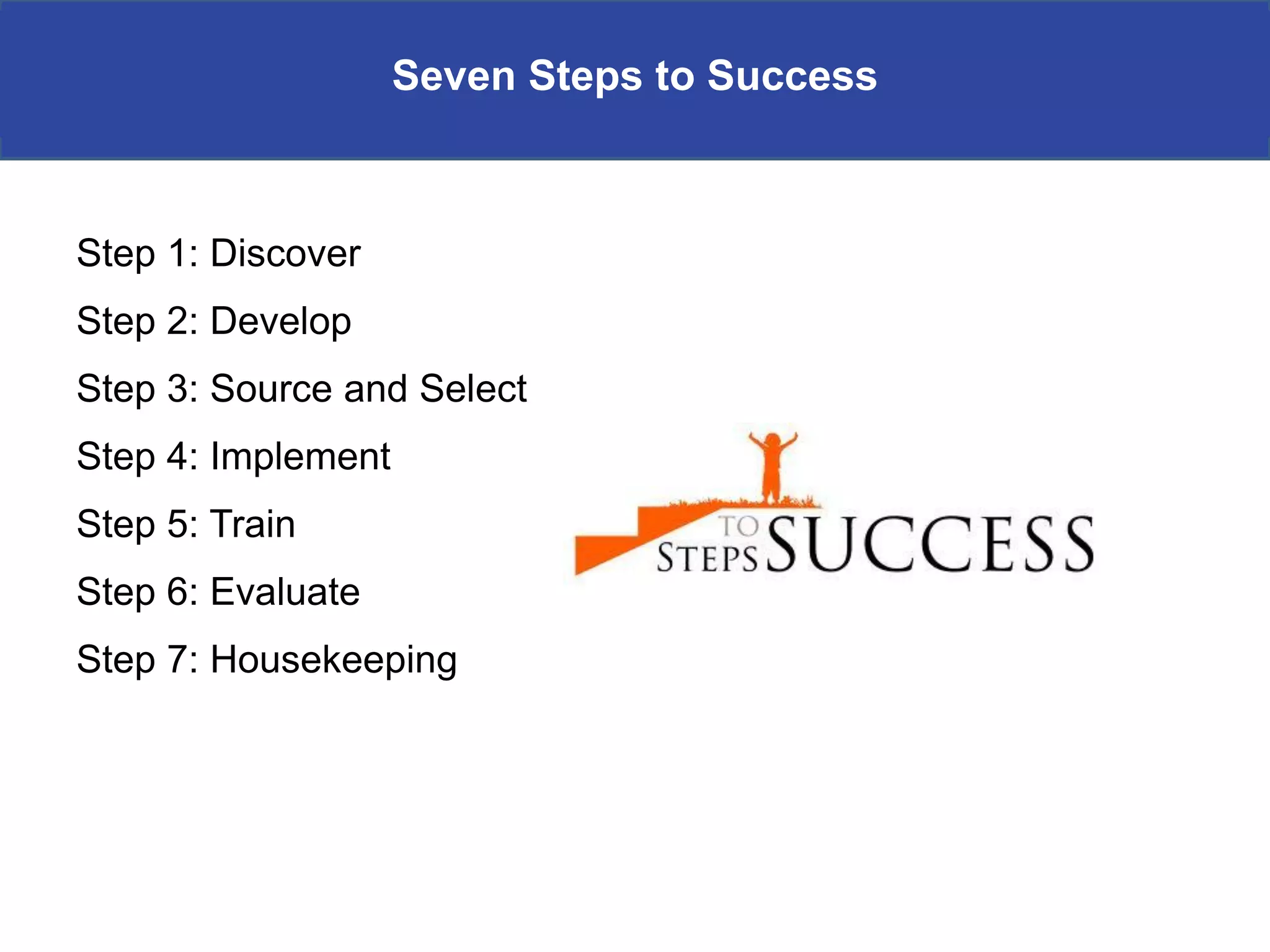 Seven Steps to Success



Step 1: Discover
Step 2: Develop
Step 3: Source and Select
Step 4: Implement
Step 5: Train
Step 6: Evaluate
Step 7: Housekeeping
 