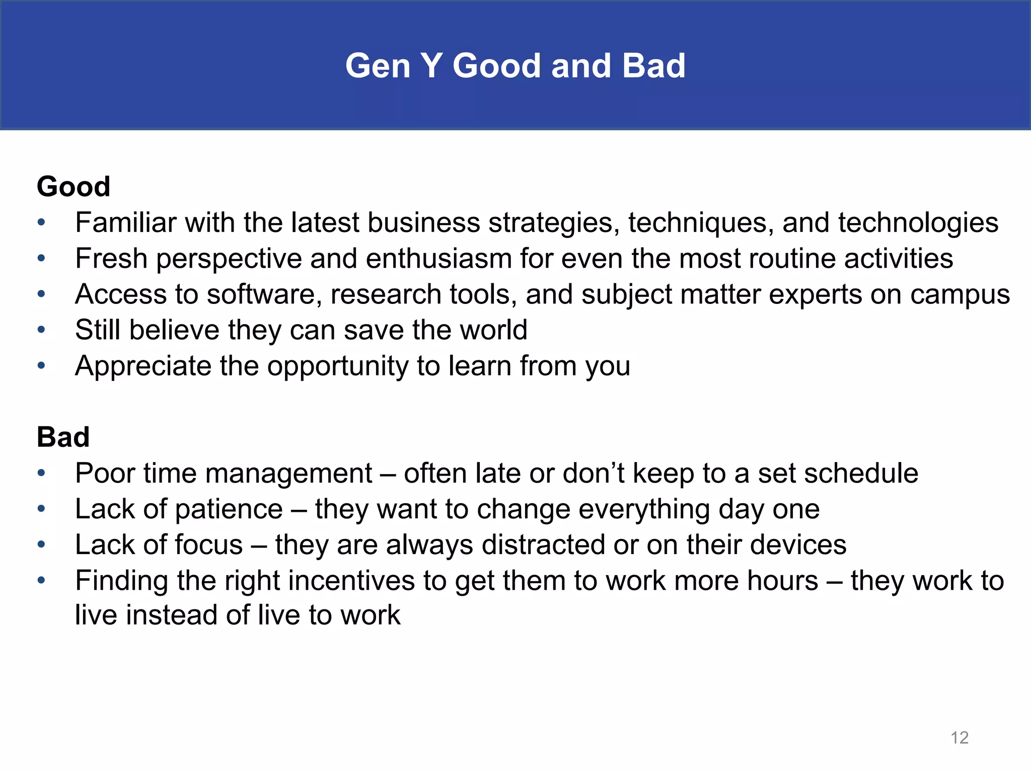 Gen Y Good and Bad


Good
• Familiar with the latest business strategies, techniques, and technologies
• Fresh perspective and enthusiasm for even the most routine activities
• Access to software, research tools, and subject matter experts on campus
• Still believe they can save the world
• Appreciate the opportunity to learn from you

Bad
• Poor time management – often late or don’t keep to a set schedule
• Lack of patience – they want to change everything day one
• Lack of focus – they are always distracted or on their devices
• Finding the right incentives to get them to work more hours – they work to
  live instead of live to work



                                                                       12
 