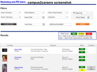 campus2careers screenshot

Sourcing and Selection



 Using campus2careers
 • Create a profile – your own careers page
 • Post the job description
 • Review the top matches and view their profile
 • Contact or be contacted by the top candidates
 Using a school’s own site
 • Register via the schools website
 • Post the job description
 • Receive a resume from interested applicants
                  www.campus2careers.com
 