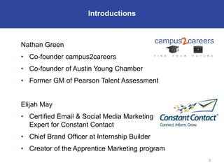 Introductions



Nathan Green
• Co-founder campus2careers
• Co-founder of Austin Young Chamber
• Former GM of Pearson Talent Assessment


Elijah May
• Certified Email & Social Media Marketing
  Expert for Constant Contact
• Chief Brand Officer at Internship Builder
• Creator of the Apprentice Marketing program
                                                3
 