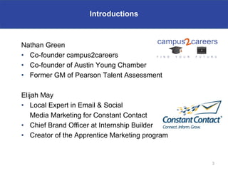 Introductions



Nathan Green
• Co-founder campus2careers
• Co-founder of Austin Young Chamber
• Former GM of Pearson Talent Assessment

Elijah May
• Local Expert in Email & Social
    Media Marketing for Constant Contact
• Chief Brand Officer at Internship Builder
• Creator of the Apprentice Marketing program


                                                3
 