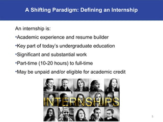 A Shifting Paradigm: Defining an Internship


An internship is:
•Academic experience and resume builder
•Key part of today’s undergraduate education
•Significant and substantial work
•Part-time (10-20 hours) to full-time
•May be unpaid and/or eligible for academic credit




                                                     5
 