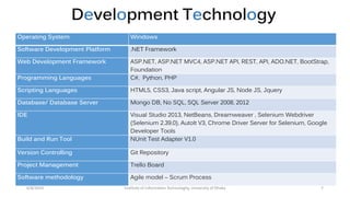 Development Technology
Operating System Windows
Software Development Platform .NET Framework
Web Development Framework ASP.NET, ASP.NET MVC4, ASP.NET API, REST, API, ADO.NET, BootStrap,
Foundation
Programming Languages C#, Python, PHP
Scripting Languages HTML5, CSS3, Java script, Angular JS, Node JS, Jquery
Database/ Database Server Mongo DB, No SQL, SQL Server 2008, 2012
IDE Visual Studio 2013, NetBeans, Dreamweaver , Selenium Webdriver
(Selenium 2.39.0), AutoIt V3, Chrome Driver Server for Selenium, Google
Developer Tools
Build and Run Tool NUnit Test Adapter V1.0
Version Controlling Git Repository
Project Management Trello Board
Software methodology Agile model – Scrum Process
6/8/2014 Institute of Information Technologhy, University of Dhaka 7
 