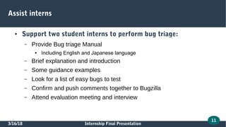 3/16/18 Internship Final Presentation
11
Assist interns
● Support two student interns to perform bug triage:
– Provide Bug triage Manual
● Including English and Japanese language
– Brief explanation and introduction
– Some guidance examples
– Look for a list of easy bugs to test
– Confirm and push comments together to Bugzilla
– Attend evaluation meeting and interview
 