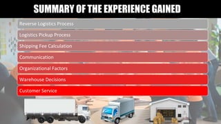 Reverse Logistics Process
Logistics Pickup Process
Shipping Fee Calculation
Communication
Organizational Factors
Warehouse Decisions
Customer Service
SUMMARY OF THE EXPERIENCE GAINED
 