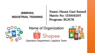 (BBM304)
INDUSTRIAL TRAINING
Name: Hasan Gazi Sanaul
Matric No: 153916207
Program: BLSCM
Name of Organization
Operation Department, Logistics Team
 