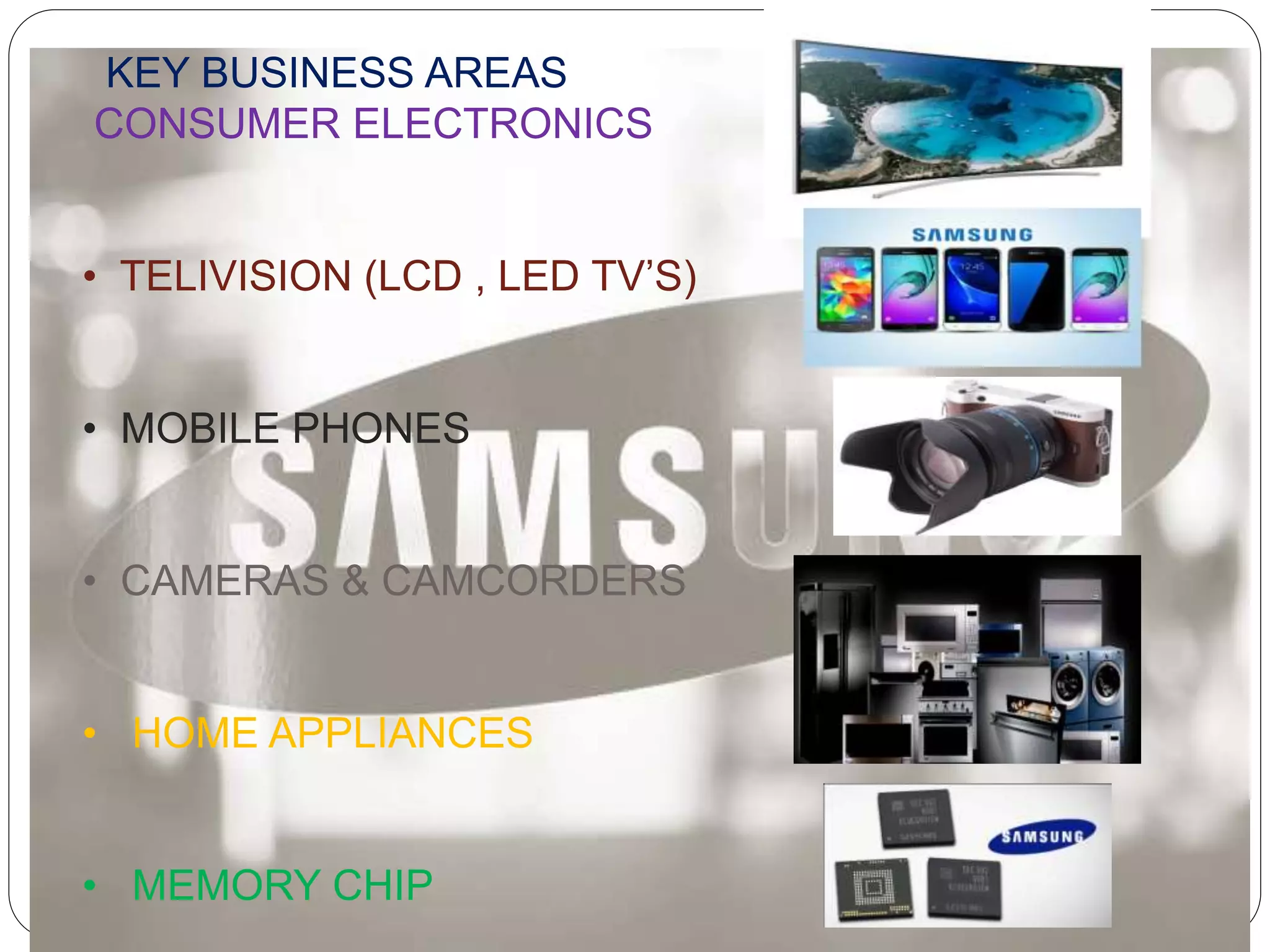 KEY BUSINESS AREAS
CONSUMER ELECTRONICS
• TELIVISION (LCD , LED TV’S)
• MOBILE PHONES
• CAMERAS & CAMCORDERS
• HOME APPLIANCES
• MEMORY CHIP
 