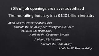 The recruiting industry is a $120 billion industry
Attribute #1: Communication Skills
Attribute #2: An Ability and Willingness to Learn
Attribute #4: Customer Service
Attribute #5: Initiative
Attribute #6: Adaptability
Attribute #7: Promotability
80% of job openings are never advertised
Attribute #3: Team Skills
 