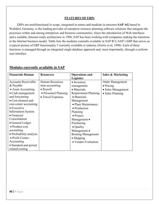 40 | P a g e
FEATURES OF ERPs
ERPs are multifunctional in scope, integrated in nature and modular in structure SAP AG based in
Walldorf, Germany, is the leading provider of enterprise resource planning software solutions that integrate the
processes within and among enterprises and business communities. Since the introduction of Web interfaces
and a scalable, Internet-ready architecture in 1996, SAP has been working with companies making the transition
to the Internet business model. Table lists the modules currently available in SAP R/3, SAP’s ERP that serves as
a typical picture of ERP functionality 5 currently available in industry (Norris et al, 1998). Each of these
functions is managed through an integrated single database approach and, most importantly, through a uniform
user interface.
Modules currently available in SAP
Financials Human Resources Operations and
Logistics
Sales & Marketing
Accounts Receivable
& Payable
 Asset Accounting
 Cash management
and forecasting
 Cost element and
cost-center accounting
 Executive
Information System
 Financial
Consolidation
 General Ledger
 Product-cost
accounting
 Profitability analysis
 Profit Center-
Accounting
 Standard and period
related costing
Human Resources
time accounting
 Payroll
 Personnel Planning
 Travel Expenses
 Inventory
management
 Materials
Requirement Planning
 Materials
Management
 Plant Maintenance
 Production
Planning
 Project
Management 
Purchasing
 Quality
Management 
Routing Management
 Shipping
 Vendor Evaluation
Order Management
 Pricing
 Sales Management
 Sales Planning
 