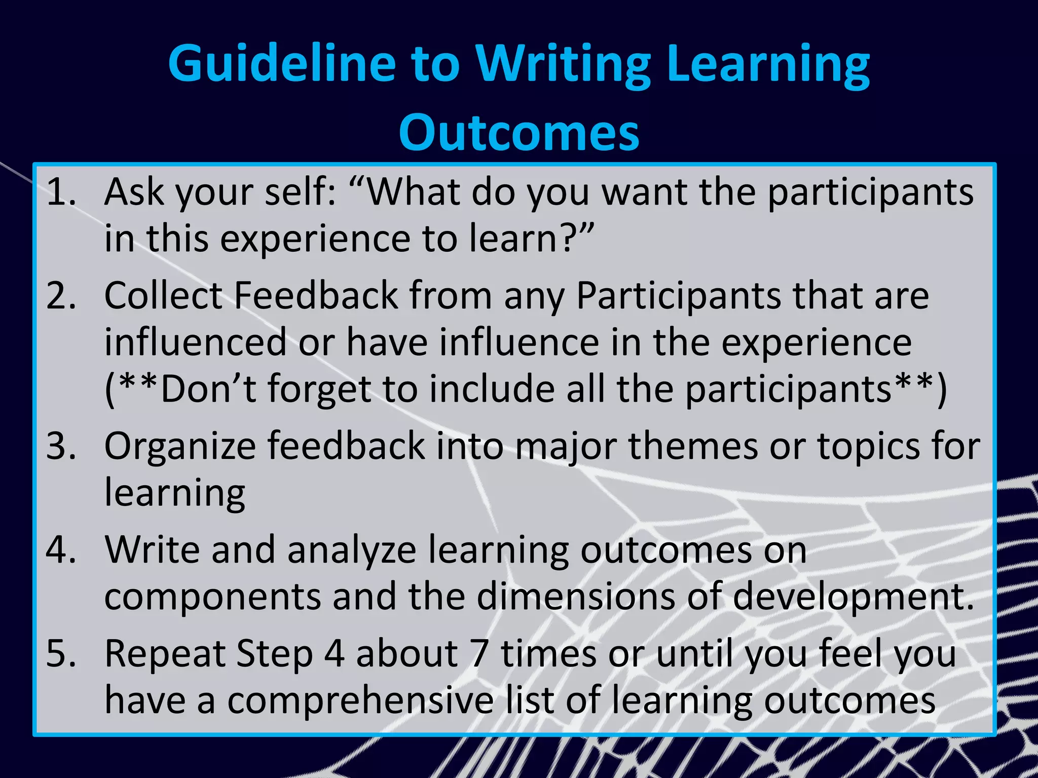 Guideline to Writing Learning
Outcomes
1. Ask your self: “What do you want the participants
in this experience to learn?”
2. Collect Feedback from any Participants that are
influenced or have influence in the experience
(**Don’t forget to include all the participants**)
3. Organize feedback into major themes or topics for
learning
4. Write and analyze learning outcomes on
components and the dimensions of development.
5. Repeat Step 4 about 7 times or until you feel you
have a comprehensive list of learning outcomes
 