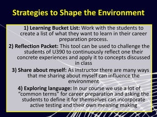 Strategies to Shape the Environment
1) Learning Bucket List: Work with the students to
create a list of what they want to learn in their career
preparation process.
2) Reflection Packet: This tool can be used to challenge the
students of U390 to continuously reflect one their
concrete experiences and apply it to concepts discussed
in class
3) Share about myself: As instructor there are many ways
that me sharing about myself can influence the
environment
4) Exploring language: In our course we use a lot of
“common terms” for career preparation and asking the
students to define it for themselves can incorporate
active testing and their own meaning making
 
