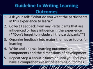 Guideline to Writing Learning
Outcomes
1. Ask your self: “What do you want the participants
in this experience to learn?”
2. Collect Feedback from any Participants that are
influenced or have influence in the experience
(**Don’t forget to include all the participants**)
3. Organize feedback into major themes or topics for
learning
4. Write and analyze learning outcomes on
components and the dimensions of development.
5. Repeat Step 4 about 7 times or until you feel you
have a comprehensive list of learning outcomes
 