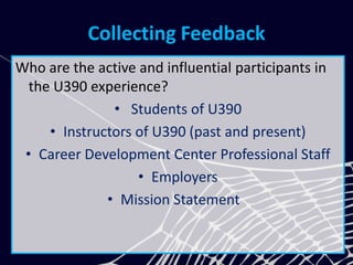 Collecting Feedback
Who are the active and influential participants in
the U390 experience?
• Students of U390
• Instructors of U390 (past and present)
• Career Development Center Professional Staff
• Employers
• Mission Statement
 