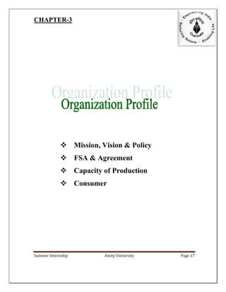 Summer Internship Amity University Page 17
CHAPTER-3
 Mission, Vision & Policy
 FSA & Agreement
 Capacity of Production
 Consumer
 