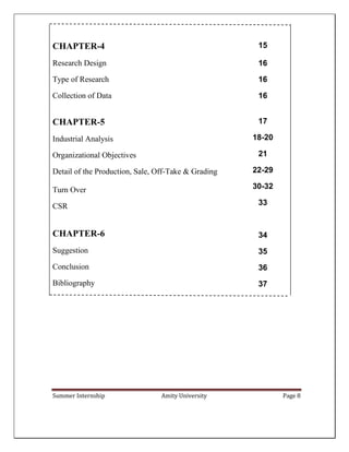 Summer Internship Amity University Page 8
CHAPTER-4 15
Research Design
Type of Research
Collection of Data
16
16
16
CHAPTER-5
Industrial Analysis
Organizational Objectives
Detail of the Production, Sale, Off-Take & Grading
Turn Over
CSR
CHAPTER-6
Suggestion
Conclusion
Bibliography
17
18-20
21
22-29
30-32
33
34
35
36
37
 