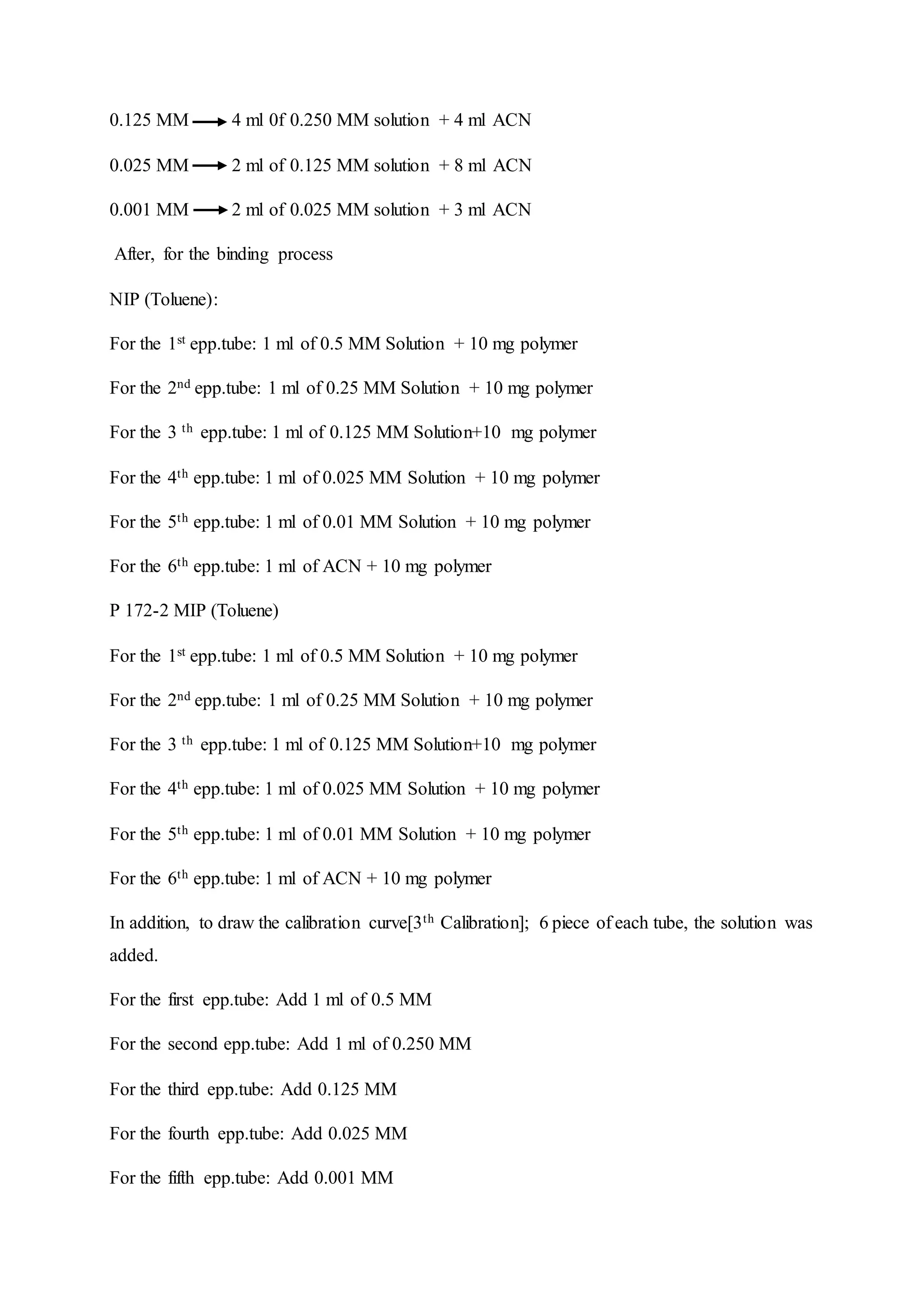 0.125 MM 4 ml 0f 0.250 MM solution + 4 ml ACN
0.025 MM 2 ml of 0.125 MM solution + 8 ml ACN
0.001 MM 2 ml of 0.025 MM solution + 3 ml ACN
After, for the binding process
NIP (Toluene):
For the 1st epp.tube: 1 ml of 0.5 MM Solution + 10 mg polymer
For the 2nd epp.tube: 1 ml of 0.25 MM Solution + 10 mg polymer
For the 3 th epp.tube: 1 ml of 0.125 MM Solution+10 mg polymer
For the 4th epp.tube: 1 ml of 0.025 MM Solution + 10 mg polymer
For the 5th epp.tube: 1 ml of 0.01 MM Solution + 10 mg polymer
For the 6th epp.tube: 1 ml of ACN + 10 mg polymer
P 172-2 MIP (Toluene)
For the 1st epp.tube: 1 ml of 0.5 MM Solution + 10 mg polymer
For the 2nd epp.tube: 1 ml of 0.25 MM Solution + 10 mg polymer
For the 3 th epp.tube: 1 ml of 0.125 MM Solution+10 mg polymer
For the 4th epp.tube: 1 ml of 0.025 MM Solution + 10 mg polymer
For the 5th epp.tube: 1 ml of 0.01 MM Solution + 10 mg polymer
For the 6th epp.tube: 1 ml of ACN + 10 mg polymer
In addition, to draw the calibration curve[3th Calibration]; 6 piece of each tube, the solution was
added.
For the first epp.tube: Add 1 ml of 0.5 MM
For the second epp.tube: Add 1 ml of 0.250 MM
For the third epp.tube: Add 0.125 MM
For the fourth epp.tube: Add 0.025 MM
For the fifth epp.tube: Add 0.001 MM
 