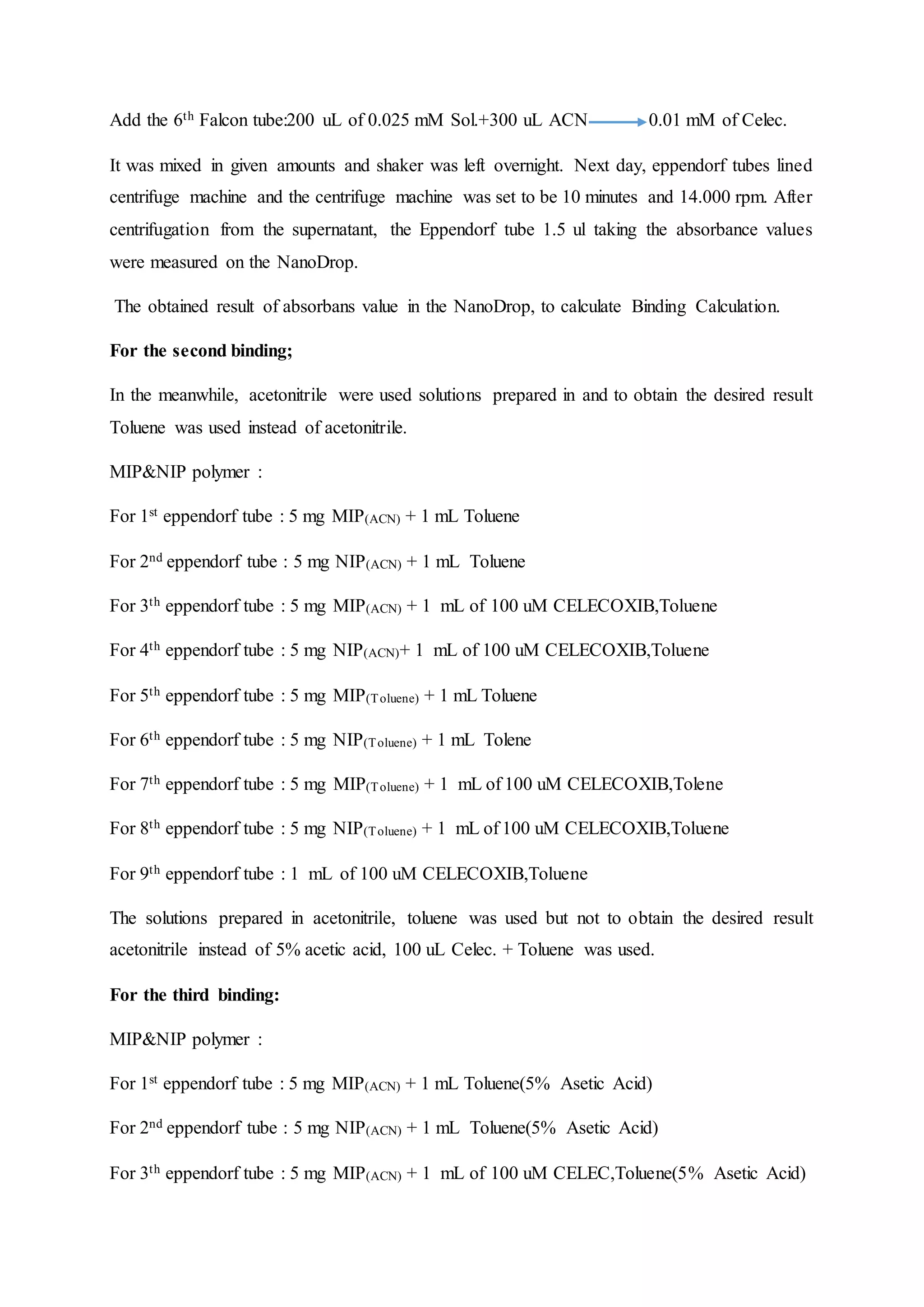 Add the 6th Falcon tube:200 uL of 0.025 mM Sol.+300 uL ACN 0.01 mM of Celec.
It was mixed in given amounts and shaker was left overnight. Next day, eppendorf tubes lined
centrifuge machine and the centrifuge machine was set to be 10 minutes and 14.000 rpm. After
centrifugation from the supernatant, the Eppendorf tube 1.5 ul taking the absorbance values
were measured on the NanoDrop.
The obtained result of absorbans value in the NanoDrop, to calculate Binding Calculation.
For the second binding;
In the meanwhile, acetonitrile were used solutions prepared in and to obtain the desired result
Toluene was used instead of acetonitrile.
MIP&NIP polymer :
For 1st eppendorf tube : 5 mg MIP(ACN) + 1 mL Toluene
For 2nd eppendorf tube : 5 mg NIP(ACN) + 1 mL Toluene
For 3th eppendorf tube : 5 mg MIP(ACN) + 1 mL of 100 uM CELECOXIB,Toluene
For 4th eppendorf tube : 5 mg NIP(ACN)+ 1 mL of 100 uM CELECOXIB,Toluene
For 5th eppendorf tube : 5 mg MIP(Toluene) + 1 mL Toluene
For 6th eppendorf tube : 5 mg NIP(Toluene) + 1 mL Tolene
For 7th eppendorf tube : 5 mg MIP(Toluene) + 1 mL of 100 uM CELECOXIB,Tolene
For 8th eppendorf tube : 5 mg NIP(Toluene) + 1 mL of 100 uM CELECOXIB,Toluene
For 9th eppendorf tube : 1 mL of 100 uM CELECOXIB,Toluene
The solutions prepared in acetonitrile, toluene was used but not to obtain the desired result
acetonitrile instead of 5% acetic acid, 100 uL Celec. + Toluene was used.
For the third binding:
MIP&NIP polymer :
For 1st eppendorf tube : 5 mg MIP(ACN) + 1 mL Toluene(5% Asetic Acid)
For 2nd eppendorf tube : 5 mg NIP(ACN) + 1 mL Toluene(5% Asetic Acid)
For 3th eppendorf tube : 5 mg MIP(ACN) + 1 mL of 100 uM CELEC,Toluene(5% Asetic Acid)
 