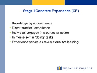 Stage I Concrete Experience (CE) Knowledge by acquaintance Direct practical experience Individual engages in a particular action Immerse self in “doing” tasks  Experience serves as raw material for learning 