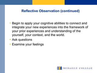 Reflective Observation (continued) Begin to apply your cognitive abilities to connect and integrate your new experiences into the framework of your prior experiences and understanding of the yourself, your context, and the world.  Ask questions Examine your feelings 