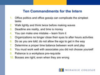 Ten Commandments for the Intern Office politics and office gossip can complicate the simplest tasks Walk lightly and think twice before making waves Deadline are reality, and time is money You can make one mistake – learn from it Organizations no longer close their eyes to after hours activities Do as you are told; do not allow the ego to get in the way Determine a proper time balance between work and play You must work well with associates you did not choose yourself Patience is a workplace pre-requisite Bosses are right; even when they are wrong 