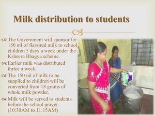  The Government will sponsor for
150 ml of flavored milk to school
children 5 days a week under the
Ksheera Bhagya scheme.
 Earlier milk was distributed
thrice a week.
 The 150 ml of milk to be
supplied to children will be
converted from 18 grams of
whole milk powder.
 Milk will be served to students
before the school prayer.
(10:30AM to 11:15AM)
Milk distribution to students
 