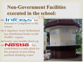  has
donated 6 Computers to the
school.
 A dignitary from Netherland
has distributed books worth
30,000/- rupees.
 Yearly once health check up.
 has
contributed a water plant for
the purpose of providing
purified drinking water.
Non-Government Facilities
executed in the school:
 