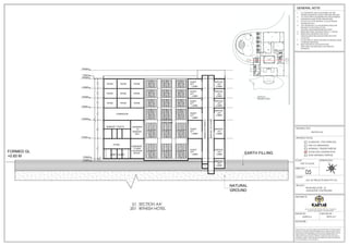 RITHESH HOTEL
SECTION AA'
201
01
PROPOSED HOTEL AT
JAGDALPUR, CHATTISGARH.
M/S. KK PROJECTS INDIA PVT LTD.,
1. ALL DIMENSIONS ARE IN MILLIMETERS AND ARE
FINISHED DIMENSIONS UNLESS OTHER WISE SPECIFIED
2. ALL LEVELS ARE IN MILLIMETERS AND ARE UNFINISHED
DIMENSIONS UNLESS OTHER WISE SPECIFIED
3. DO NOT SCALE THE DRAWING. FOLLOW WRITTEN
DIMENSIONS ONLY
4. ANY DISCREPANCY IN THE DRAWING SHOULD BE
BROUGHT TO THE NOTICE OF THE
ARCHITECT/DESIGNER BEFORE EXECUTION
5. REFER STRUCTURAL DRAWING FOR R.C.C. DETAILS.
6. REFER DETAIL DRAWINGS FOR DOOR,
WINDOW,STRUCTURE,HANDLE,STARICASE,TOILET
LAYOUT.ETC
7. FLOOR FINISH OF 50MM THICKNESS IS ASSUMED UNLESS
OTHERWISE MENTIONED
8. READ THIS DRG IN CONJUCTION WITH
STRUCTURAL,ARCHITECTURAL AND SERVICES
DRAWINGS.
GENERAL NOTE:
SIGNATURE. :
ARCHITECTS:
DRAWN BY: CHECKED BY :
DRAWINGS AND ALLIED DOCUMENTS ARE THE PROPERTY OF KARYAE DESIGN
STUDIO LLP. THE SAME CANNOT BE REPRODUCED, COPIED IN WHOLE OR IN
PART WITHOUT PRIOR EXPRESSED CONSENT FROM STAKEHOLDERS AT KARYAE
DESIGN STUDIO LLP. THESE DRAWINGS CANNOT BE HANDED OVER TO A
THIRD PARTY OR USED FOR ANY PURPOSE, OTHER THAN THAT FOR WHICH IT
HAS BEEN LOANED. AFTER FULFILLING THE PURPOSE OF ISSUE THE DRAWINGS
SHALL BE RETURNED TO THE ARCHITECT .
New.no.4 (old no.38), First Floor, 5th Cross, 11th Main Rd,
Vasanth Nagar, Bengaluru, Karnataka 560052
D E S I G N S T U D I O
SUPRIYA K PRIYA M T
N
S
W
E
ORIENTATION:
SCALE:
SHEET NO:
NOT TO SCALE
DRAWING STATUS:
FOR CO-ORDINATION
WORKING / TENDER PURPOSE
GOOD FOR CONSTRUCTION
SCHEMATIC / FOR APPROVAL
SHOP DRAWING PURPOSE
DRAWING TITLE:
PROJECT:
CLIENT:
05
SECTION AA'
1
2
3
4
6
7
8
10
12
13
15
16
11
14
GUEST/
BANQUET
LIFT 02
GUEST/
BANQUET
LIFT 01
SERV
LIFT 01
GUEST
LIFT 01
SERV
LIFT 02
GUEST
LIFT 02
LANDSCAPED
WATERBODY
14.35M X 9.78M
BAR
138.60 Smt
ALL DAY DINING
283.25 Smt
OUTDOOR
SEATING
700 SFT
RECEPTION LOBBY
43'0" X 26'6"
MAIN KITCHEN
1400 SFT
PORTE COCHERE
BANQUET
ENTRY
10'0"
WIDE
CORRIDOR
20'0" WIDE
DECK
WATERBODY
12'6" X 16'6"'
WATERBODY
12'6" X 16'6"'
SHOWER
W.C
SHOWER
CHANGE
W.C
ANTE
LOCKERS
CHANGE
SHOWER
ANTE
W.C
LOCKERS
TEA LOUNGE
MALE
TOILET
ANTE
EWC-2
EWC-1
FEMALE
TOILET
ANTE
EWC-3
URINALS
EWC-2
EWC-1
FEMALE
CH.ROOM
MALE
CH.ROOM
HANDICAP
TOILET
SHOW
KITCHEN
700 SFT
LVL + 0.60 M
LVL +1.05 M
SWIMMING
POOL
SUNKEN
BAR
UP
GLAZING TO
DETAIL
GLAZING TO
DETAIL
GLAZING TO
DETAIL
TILE
DROP
TILE
DROP
A'
A
26970
[88'-8
1/4"]
6600
[21'-8
1/2"]
6080
[20'-0"]
4105
[13'-6"]
3195
[10'-6"]
3195
[10'-6"]
3195
[10'-6"]
GYMNASIUM
ROOM
ROOM
ROOM
ROOM
ROOM
ROOM
ROOM
ROOM
ROOM
GUEST
LIFT
LOBBY
GUEST
LIFT
LOBBY
GUEST
LIFT
LOBBY
SERVICE
LIFT
LOBBY
SERVICE
LIFT
LOBBY
SERVICE
LIFT
LOBBY
SERVICE
LIFT
LOBBY
GUEST
LIFT
LOBBY
SERVICE
LIFT
LOBBY
GUEST
LIFT
LOBBY
SERVICE
LIFT
LOBBY
GUEST
LIFT
LOBBY
SERVICE
LIFT
LOBBY
GUEST
LIFT
SHAFT
SERVICE
LIFT
SHAFT
CORRIDOR
TO
BANQUET
HALL
CORRIDOR
TO BAR
/ OUTDOOR
SPACE
LOBBY TOILETS
STORE
BANQUET TOILETS
LANDSCAPE
COURTYARD
NATURAL
GROUND
EARTH FILLING
600
[1'-11
3/4"]
FORMED GL
+0.60 M GROUND FLOOR
+1.050 M
FIRST FLOOR
+7.650 M
SECOND FLOOR
+13.730 M
THIRD FLOOR
+17.835 M
FOURTH FLOOR
+21.030 M
FIFTH FLOOR
+24.225 M
TERRACE FLOOR
+27.420 M
GROUND LEVEL
+0.00 M
+28360 M
TERRACE ROOF
+30.470 M
RITHESH HOTEL
KEYPLAN
 
